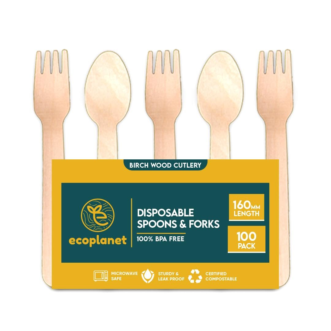 ECO PLANET 100% Natural Disposable Wooden Spoons & Forks Set