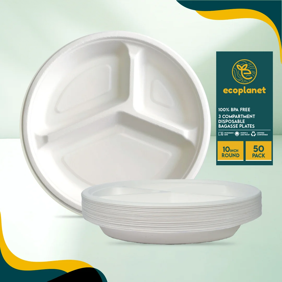 Bagasse 3 Compartment Plates 10" Pack of 50 - Image 6