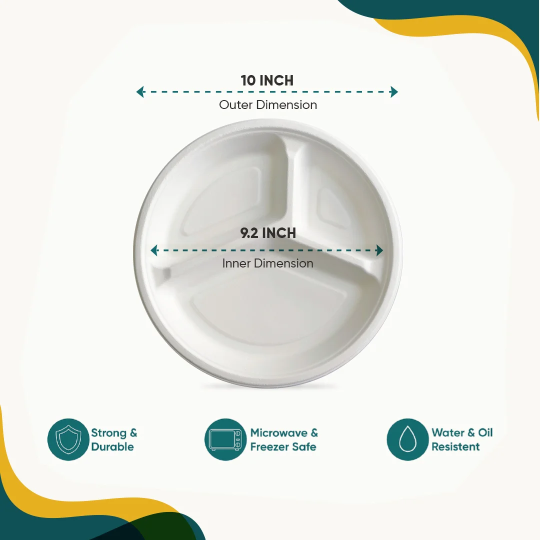 Bagasse 3 Compartment Plates 10" Pack of 50 - Image 3