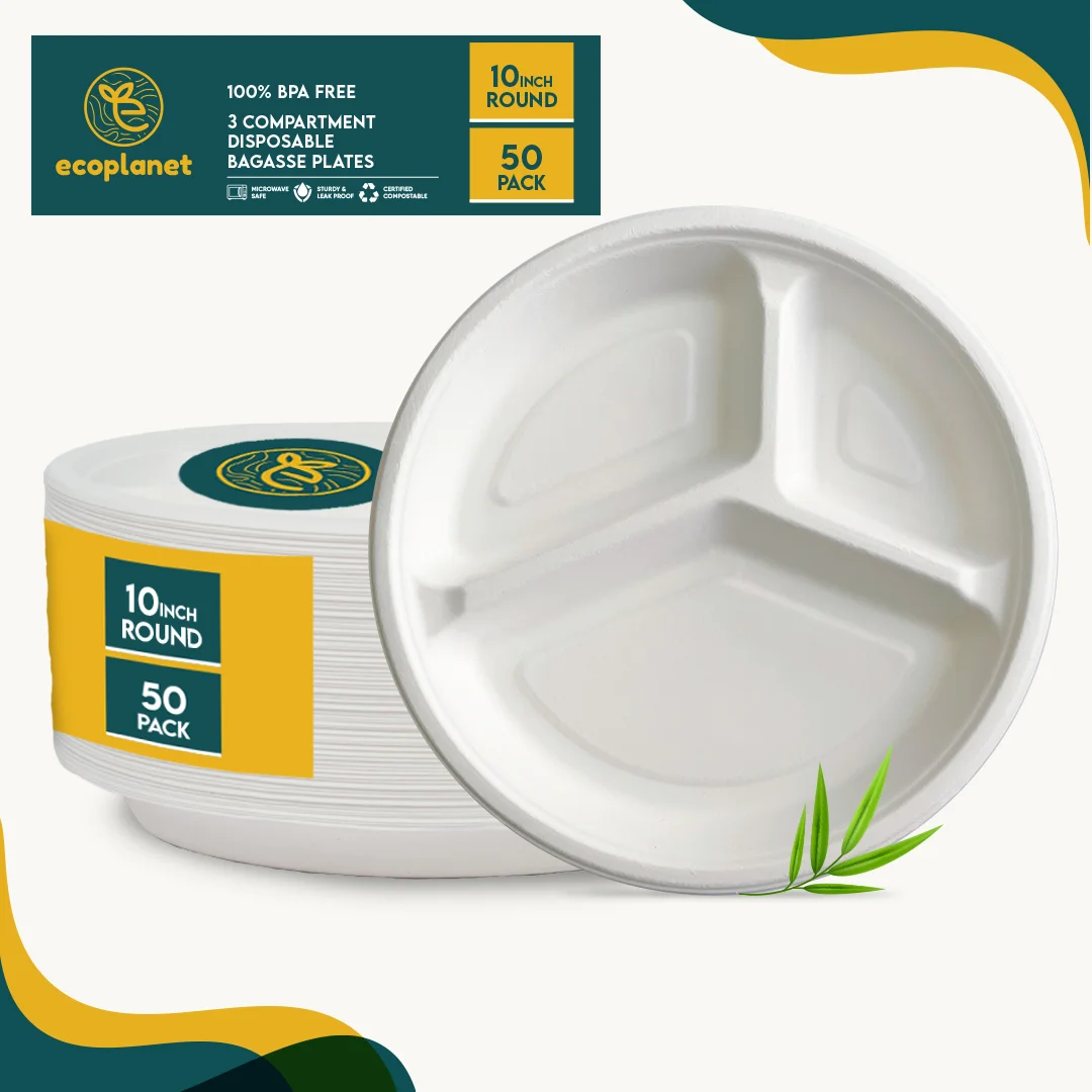 Bagasse 3 Compartment Plates 10" Pack of 50 - Image 2